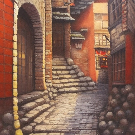 30324-2190409174-cobblestone street; stairs; archway; stone storefronts; oil painting, , Bakemono Zukushi.webp